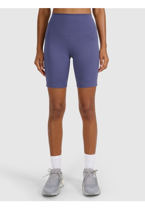 4f - 4F Legginsy kolarki treningowe damskie - granatowe S. Stan: podwyższony. Kolor: niebieski. Materiał: elastan, materiał, włókno, dzianina, syntetyk. Długość: krótkie. Wzór: gładki, ze splotem. Sport: fitness