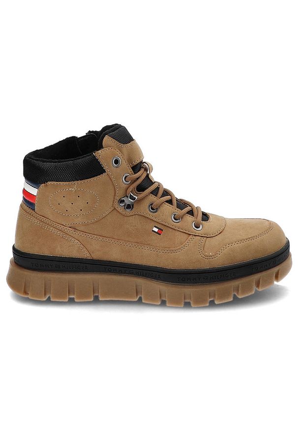 TOMMY HILFIGER - Brązowe Trapery Tommy Hilfiger Wygodne Buty Damskie. Okazja: na spacer, na co dzień. Kolor: brązowy. Materiał: materiał, skóra ekologiczna. Szerokość cholewki: normalna. Styl: sportowy, casual