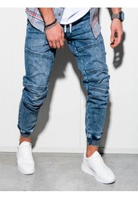 Ombre Clothing - Spodnie męskie marmurkowe JOGGERY z przeszyciami - niebieskie V1 OM-PADJ-0108 - XXL. Kolor: niebieski. Materiał: jeans, bawełna, poliester