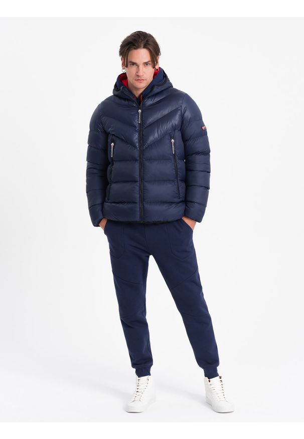 Ombre Clothing - Nowoczesna pikowana męska kurtka z łączonych materiałów – granatowa V2 - Rozmiar: XL. Typ kołnierza: kołnierzyk stójkowy. Kolor: niebieski. Materiał: materiał. Długość: długie