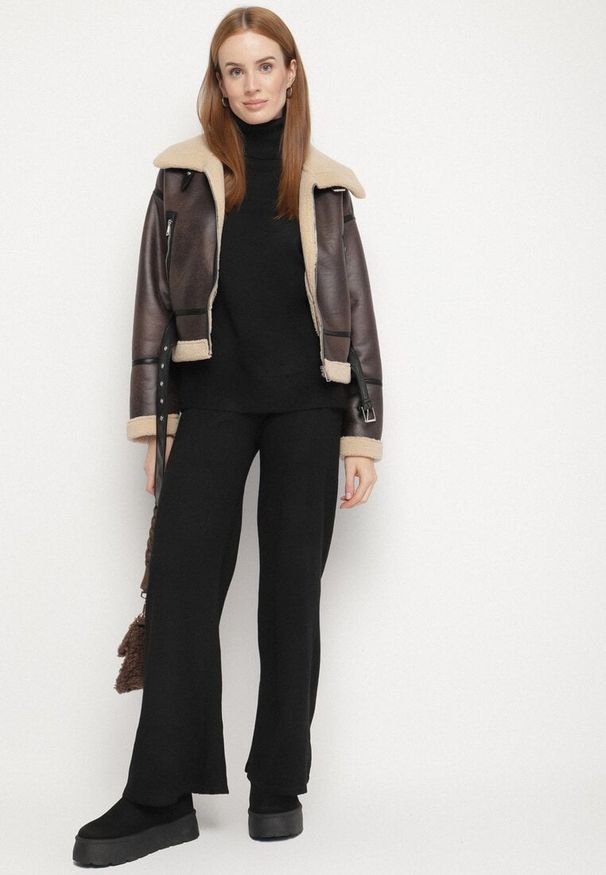 Born2be - Czarny Dzianinowy Komplet z Wełną i Bawełną Spodnie i Sweter z Golfem Errele. Kolor: czarny. Materiał: dzianina, wełna, bawełna