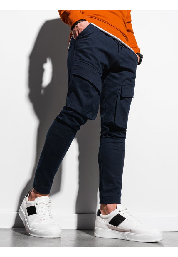 Ombre Clothing - Spodnie męskie joggery P999 - granatowe - XXL. Kolor: niebieski. Materiał: bawełna, elastan. Wzór: aplikacja