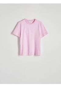 Reserved - T-shirt z bawełny merceryzowanej - różowy. Kolor: różowy. Materiał: bawełna