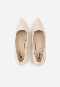 Renee - Beżowe Czółenka na Słupku z Wkładką ze Skóry Naturalnej i Metaliczną Ozdobą Dynaste. Kolor: beżowy. Materiał: skóra. Wzór: aplikacja. Obcas: na słupku. Styl: elegancki #9