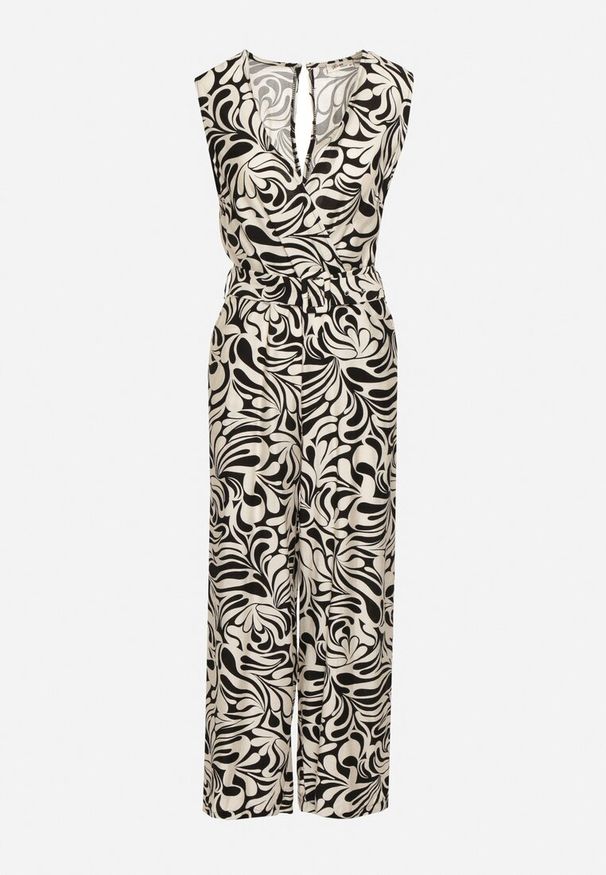 Born2be - Czarno-Biały Kombinezon na Szerokich Ramiączkach z Dekoltem w Serek i Długimi Nogawkami Xadia. Okazja: na co dzień, na randkę. Kolor: czarny. Długość rękawa: na ramiączkach. Długość: długie. Styl: casual, klasyczny