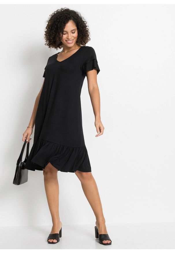 bonprix - Sukienka z dżerseju z falbaną, z mieszanki wiskozy. Kolor: czarny. Materiał: jersey, wiskoza