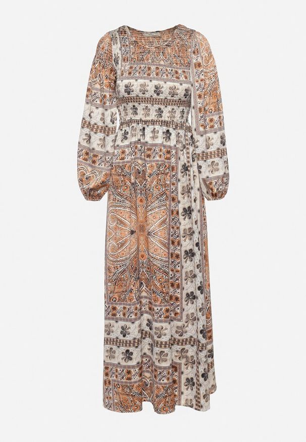 Born2be - Beżowa Sukienka w Stylu Boho z Rozkloszowanym Dołem i Bufiastymi Rękawami Ertiana. Okazja: na co dzień. Kolor: beżowy. Materiał: materiał. Typ sukienki: proste, rozkloszowane. Styl: boho