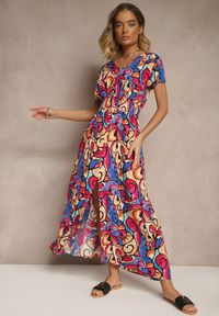 Renee - Różowa Sukienka z Bawełny w Abstrakcyjny Wzór Emisienna. Okazja: na imprezę. Kolor: różowy. Materiał: bawełna. Sezon: lato. Styl: elegancki