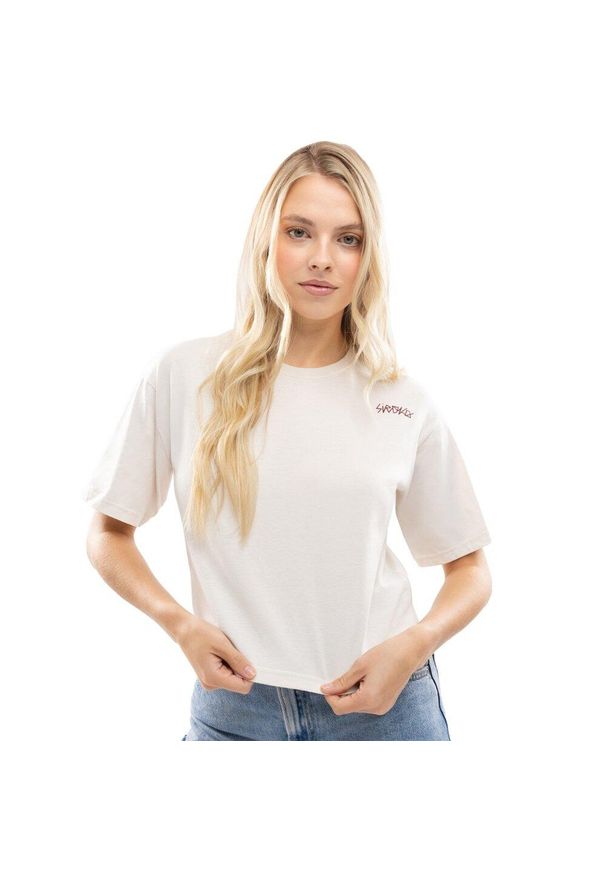 SIROKO - Damski luźny crop top Lifestyle Siroko IBZ Eivissa Ivory. Kolor: beżowy. Materiał: tkanina, bawełna. Długość rękawa: krótki rękaw. Długość: krótkie