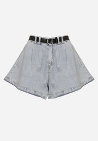 Born2be - Jasnoniebieskie Bawełniane Szorty z Wysokim Stanem i Paskiem Devne. Okazja: na co dzień. Stan: podwyższony. Kolor: niebieski. Materiał: bawełna. Styl: casual