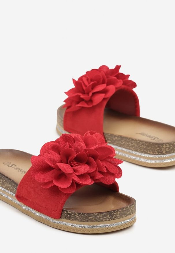 Renee - Czerwone Klapki z Kwiatową Aplikacją 3D Isori. Okazja: na co dzień. Kolor: czerwony. Materiał: jeans. Wzór: aplikacja, kwiaty. Sezon: wiosna. Obcas: na płaskiej podeszwie. Styl: casual