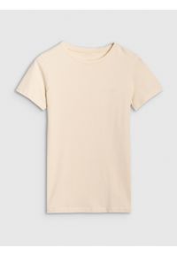 4f - T-shirt slim gładki damski - beżowy. Okazja: na co dzień. Typ kołnierza: dekolt w serek. Kolor: beżowy. Materiał: skóra, dzianina, bawełna, elastan, materiał, jersey. Długość rękawa: krótki rękaw. Długość: krótkie. Wzór: gładki. Styl: sportowy, casual, klasyczny