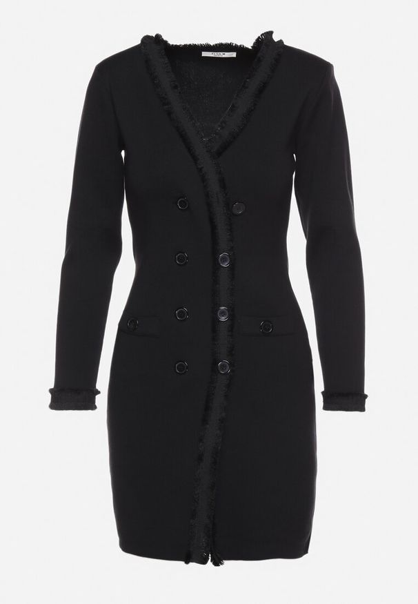 Born2be - Czarna Sukienka Sweterkowa Dwurzędowa z Guzikami i Ozdobnymi Frędzlami Vluona. Kolor: czarny. Materiał: materiał