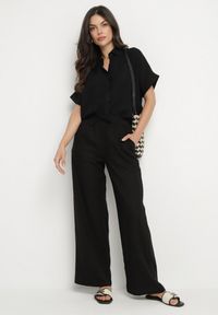 Born2be - Czarne Szerokie Spodnie z Lnem z Gumką w Talii i Kieszeniami Filisela. Okazja: na co dzień, do pracy. Kolor: czarny. Materiał: len. Styl: elegancki, casual #3