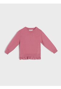 Sinsay - Sweter z wiskozą z ozdobną falbaną ażurową soft touch - różowy. Kolor: różowy. Materiał: wiskoza. Wzór: ażurowy #1