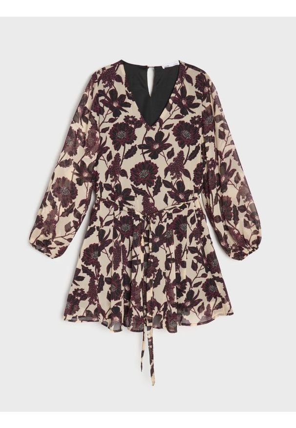 Sinsay - Rozkloszowana sukienka mini w kwiaty - wielobarwny. Wzór: kwiaty. Długość: mini