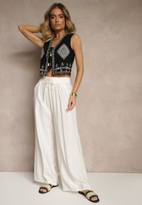 Renee - Białe Szerokie Spodnie High Waist z Wiskozy z Gumką w Talii Lannalie. Okazja: na co dzień. Stan: podwyższony. Kolor: biały. Materiał: wiskoza. Styl: casual, elegancki #4