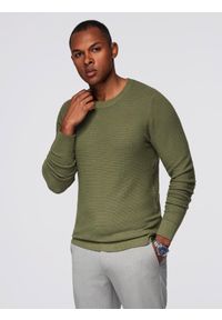 Ombre Clothing - Strukturalny sweter męski z okrągłym dekoltem – oliwkowy V1 - Rozmiar: XL. Okazja: na co dzień. Kolor: oliwkowy. Materiał: wiskoza, dzianina, jeans, elastan, nylon. Wzór: ze splotem. Styl: casual #4