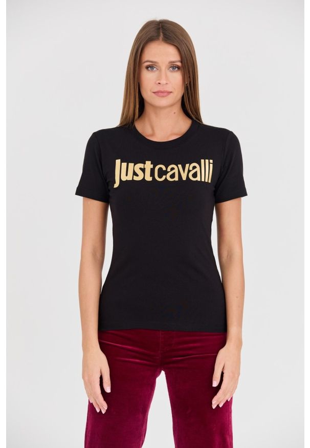 Just Cavalli - JUST CAVALLI Czarny t-shirt Logo Gold. Kolor: czarny
