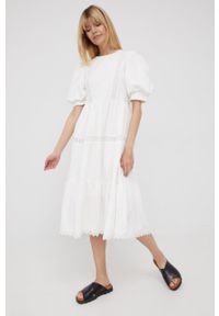 Y.A.S sukienka bawełniana kolor biały midi rozkloszowana. Kolor: biały. Materiał: bawełna. Długość rękawa: krótki rękaw. Wzór: haft. Typ sukienki: rozkloszowane. Długość: midi