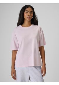 4f - 4F T-shirt loose z nadrukiem damski - różowy XS. Okazja: na co dzień. Kolor: różowy. Materiał: skóra, dzianina, materiał, jeans, bawełna. Wzór: nadruk. Styl: casual, klasyczny #1