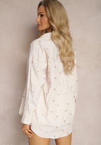 Renee - Jasnobeżowa Bawełniana Koszula Ozdobiona Wzorem w Cienkie Paski i Serduszka Vatille. Kolor: beżowy. Materiał: bawełna. Wzór: aplikacja, paski #5