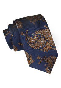 Męski Krawat Angelo di Monti - Granat z Dużym Złotym Paisley. Kolor: niebieski. Materiał: tkanina. Wzór: paisley. Styl: elegancki, wizytowy
