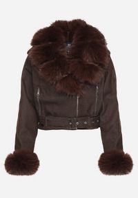 Born2be - Brązowa Ocieplana Kurtka Ramoneska z Futrem przy Kołnierzu i Rękawach Mevesala. Kolor: brązowy. Materiał: futro. Długość: krótkie #2