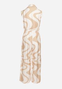 Born2be - Beżowy Długi Kombinezon z Gumką w Pasie w Geometryczny Wzór z Wiskozą Orivia. Okazja: na co dzień. Kolor: beżowy. Materiał: wiskoza. Długość: długie. Wzór: geometria. Styl: klasyczny, casual #5