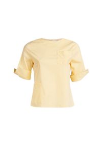 VEVA - Damska Bluzka z Kieszeniami Paski Żółty. Kolor: żółty. Materiał: materiał, lycra, bawełna. Długość rękawa: krótki rękaw. Wzór: paski #1
