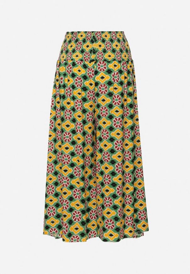 Born2be - Żółto-Zielone Szerokie Spodnie Kuloty w Mozaikowy Wzór z Bawełny Nanatill. Kolor: żółty. Materiał: bawełna