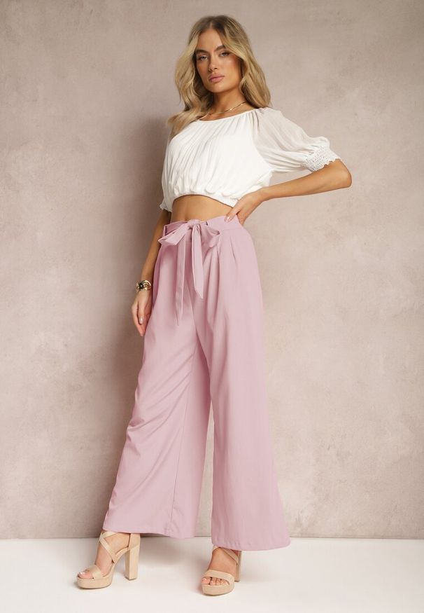Renee - Ciemnoróżowe Szerokie Spodnie z Materiałowym Paskiem w Typie Paper Bag Lasette. Kolor: różowy. Materiał: materiał