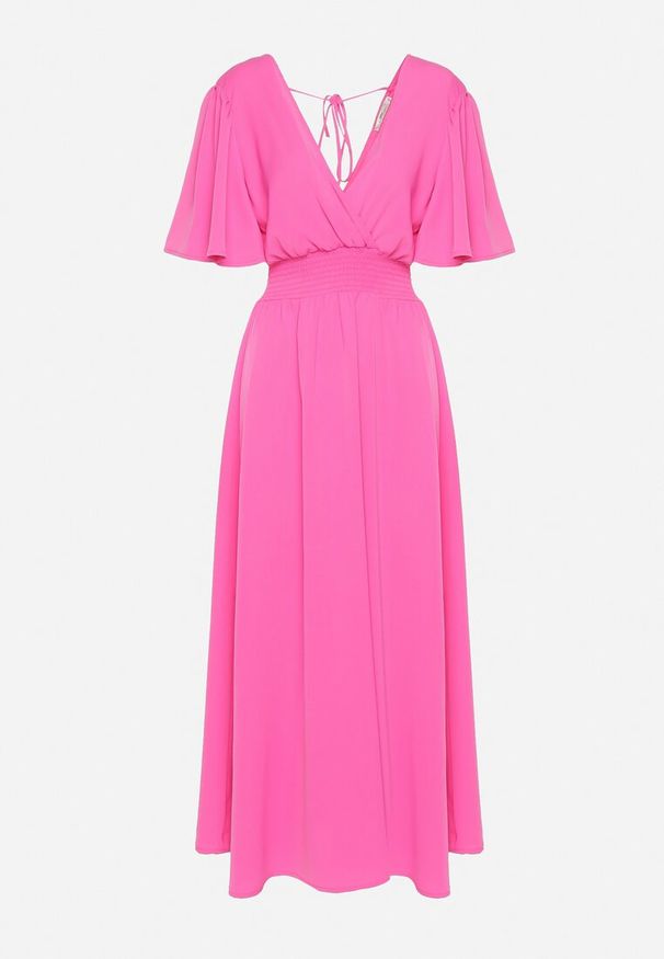 Born2be - Różowa Sukienka z Rozkloszowanymi Rękawami Gumką w Pasie i Wiązaniem na Plecach Larielle. Okazja: na imprezę, na co dzień. Typ kołnierza: dekolt w kształcie V. Kolor: różowy. Materiał: bawełna. Typ sukienki: proste. Styl: elegancki, casual