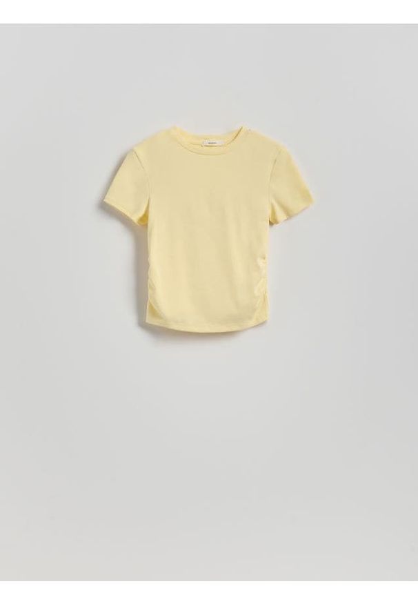 Reserved - T-shirt z marszczeniem - jasnożółty. Kolor: żółty. Materiał: bawełna, dzianina