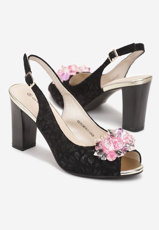 Born2be - Czarno-Złote Sandały na Słupku z Wkładką ze Skóry Naturalnej Piatdale. Zapięcie: pasek. Kolor: czarny. Materiał: skóra. Wzór: aplikacja. Obcas: na słupku. Styl: elegancki. Wysokość obcasa: średni