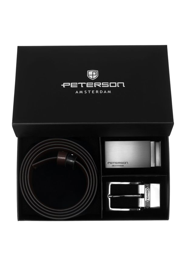 Zestaw prezentowy: dwustronny pasek skórzany w brązowym i czarnym kolorze Peterson PTN KL-B005S001. Kolor: czarny, wielokolorowy, brązowy. Materiał: skóra. Styl: elegancki