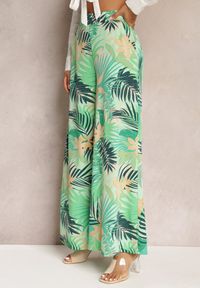Renee - Zielone Długie Spodnie High Waist z Szerokimi Nogawkami i printem w Kwiaty Yusia. Stan: podwyższony. Kolor: zielony. Długość: długie. Wzór: nadruk, kwiaty #5