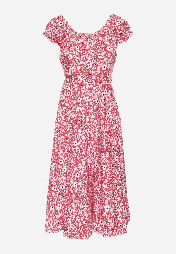 Born2be - Czerwona Sukienka Rozkloszowana w Kwiaty z Bawełną i Bufkami Sanirla. Kolor: czerwony. Materiał: bawełna. Wzór: kwiaty. Typ sukienki: rozkloszowane