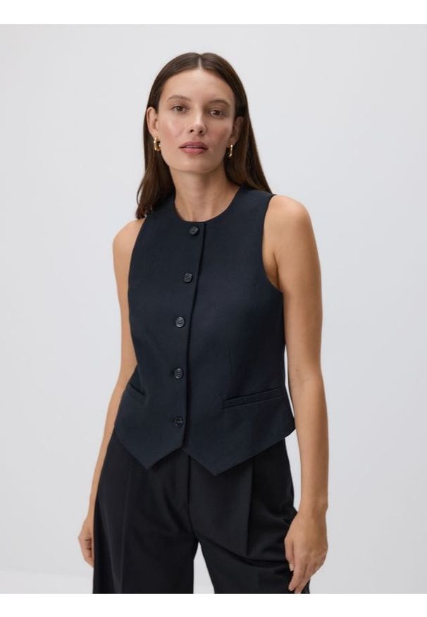 Reserved - Taliowana kamizelka - czarny. Kolor: czarny. Materiał: wiskoza, tkanina, bawełna