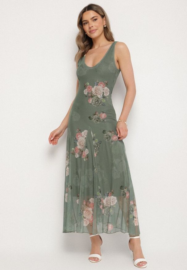 Born2be - Ciemnozielona Siateczkowa Sukienka z Kwiatowym Motywem Milanessa. Okazja: na co dzień. Kolor: zielony. Materiał: jeans. Wzór: kwiaty. Typ sukienki: proste. Styl: casual, elegancki