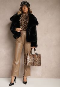 Renee - Ciemnobeżowe Szerokie Spodnie High Waist z Imitacji Skóry Narlemi. Okazja: na co dzień. Stan: podwyższony. Kolor: beżowy. Materiał: skóra. Styl: elegancki, casual