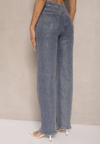 Renee - Niebieskie Jeansy Szerokie z Wiskozą i Bawełną High Waist Ozdobione Cyrkoniami Ellione. Okazja: na co dzień. Stan: podwyższony. Kolor: niebieski. Wzór: aplikacja. Styl: casual #3