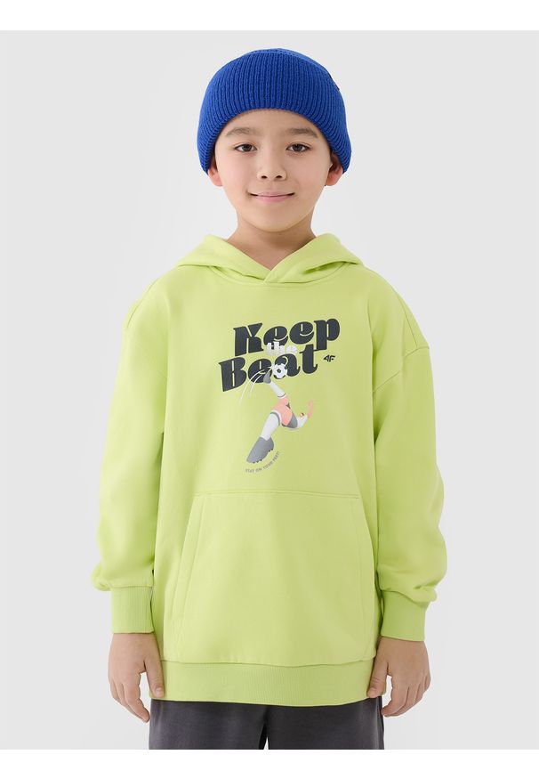 4f - 4F Bluza dresowa nierozpinana z kapturem chłopięca - żółta 164 (13-14 lat). Okazja: na co dzień. Typ kołnierza: kaptur. Kolor: żółty. Materiał: dresówka. Wzór: napisy, gładki, ze splotem, nadruk. Sezon: lato. Styl: casual, sportowy