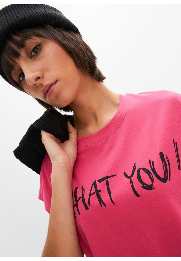 bonprix - Shirt oversize z czystej bawełny. Kolor: różowy. Materiał: bawełna. Wzór: nadruk