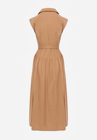Renee - Beżowa Bawełniano-Wiskozowa Sukienka Koszulowa Bez Rękawów z Paskiem Athithoe. Okazja: na co dzień. Kolor: beżowy. Materiał: wiskoza, bawełna. Długość rękawa: bez rękawów. Typ sukienki: koszulowe. Styl: casual, elegancki #5