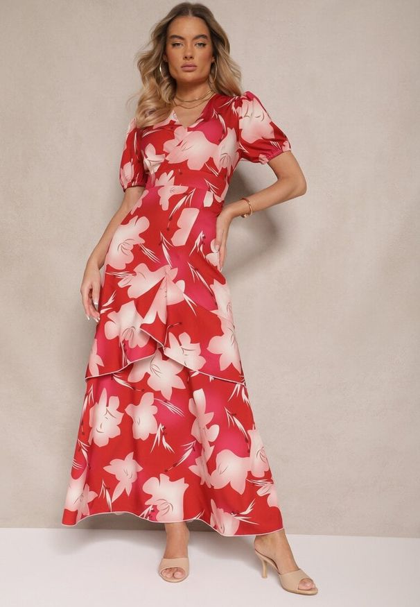 Renee - Czerwona Kopertowa Sukienka z Kwiatowym Wzorem i Falbanką Tdivona. Kolor: czerwony. Wzór: kwiaty. Typ sukienki: kopertowe