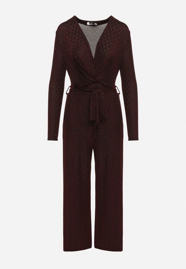 Born2be - Bordowy Kombinezon z Wiskozą Kopertowym Dekoltem i Materiałowym Paskiem Miathalise. Okazja: na spotkanie biznesowe. Kolor: czerwony. Materiał: wiskoza, materiał. Długość: długie. Styl: biznesowy