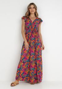 Born2be - Fuksjowa Sukienka Oceshi. Typ kołnierza: kokarda, kołnierz z falbankami. Kolor: różowy. Materiał: materiał. Wzór: kwiaty. Typ sukienki: kopertowe. Długość: maxi #2