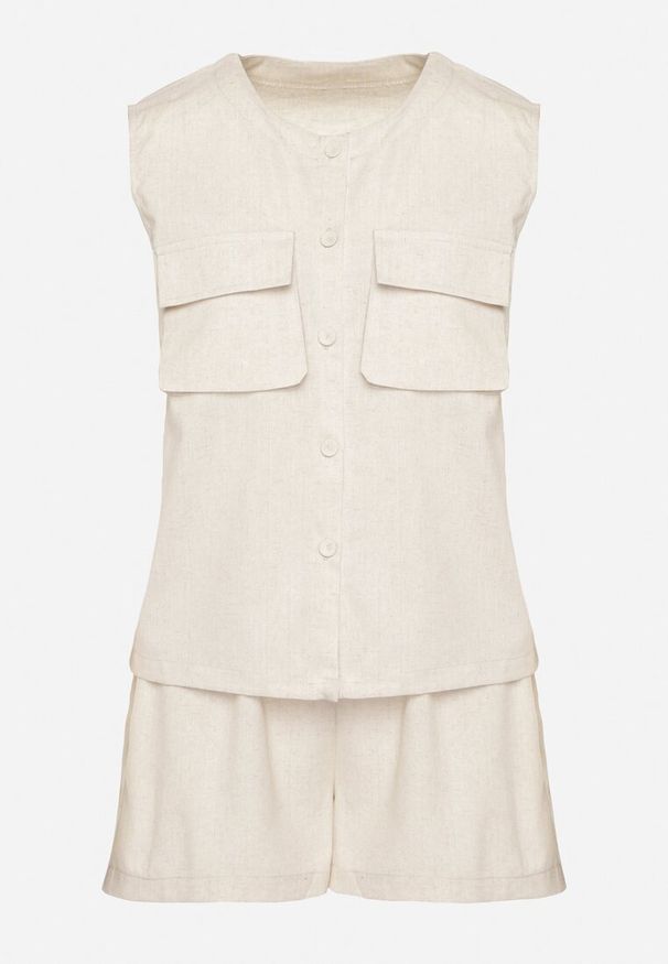 Born2be - Jasnobeżowy Komplet z Wiskozy Szorty i Bluzka na Guziki z Kieszeniami Alaniella. Kolor: beżowy. Materiał: wiskoza