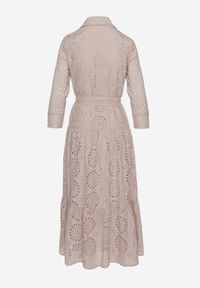 Renee - Beżowa Ażurowa Sukienka Koszulowa z Bawełnianej Tkaniny Felicema. Okazja: na co dzień. Typ kołnierza: kołnierzyk klasyczny. Kolor: beżowy. Materiał: tkanina, bawełna. Wzór: ażurowy. Typ sukienki: koszulowe. Styl: casual, klasyczny #7